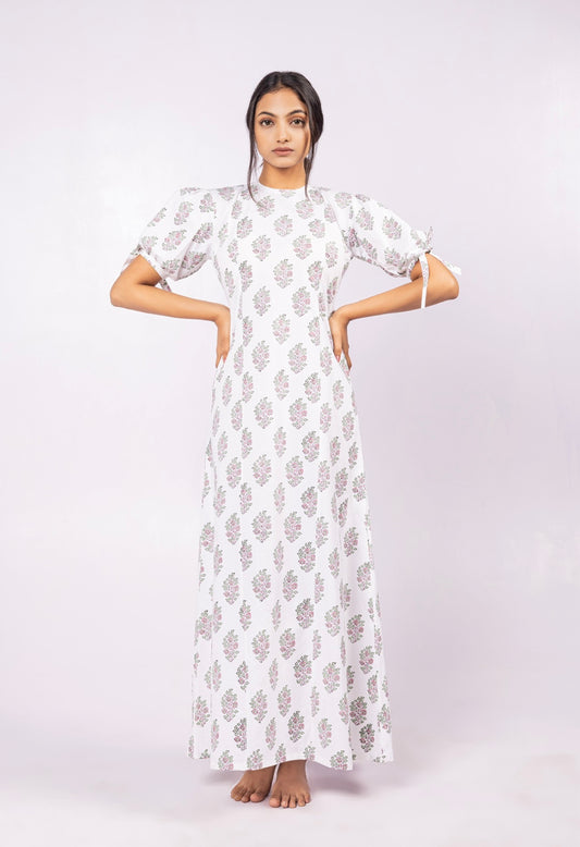 Pink and white Indian hand-block printed maxi dress. High neck with puff sleeves and open back. 