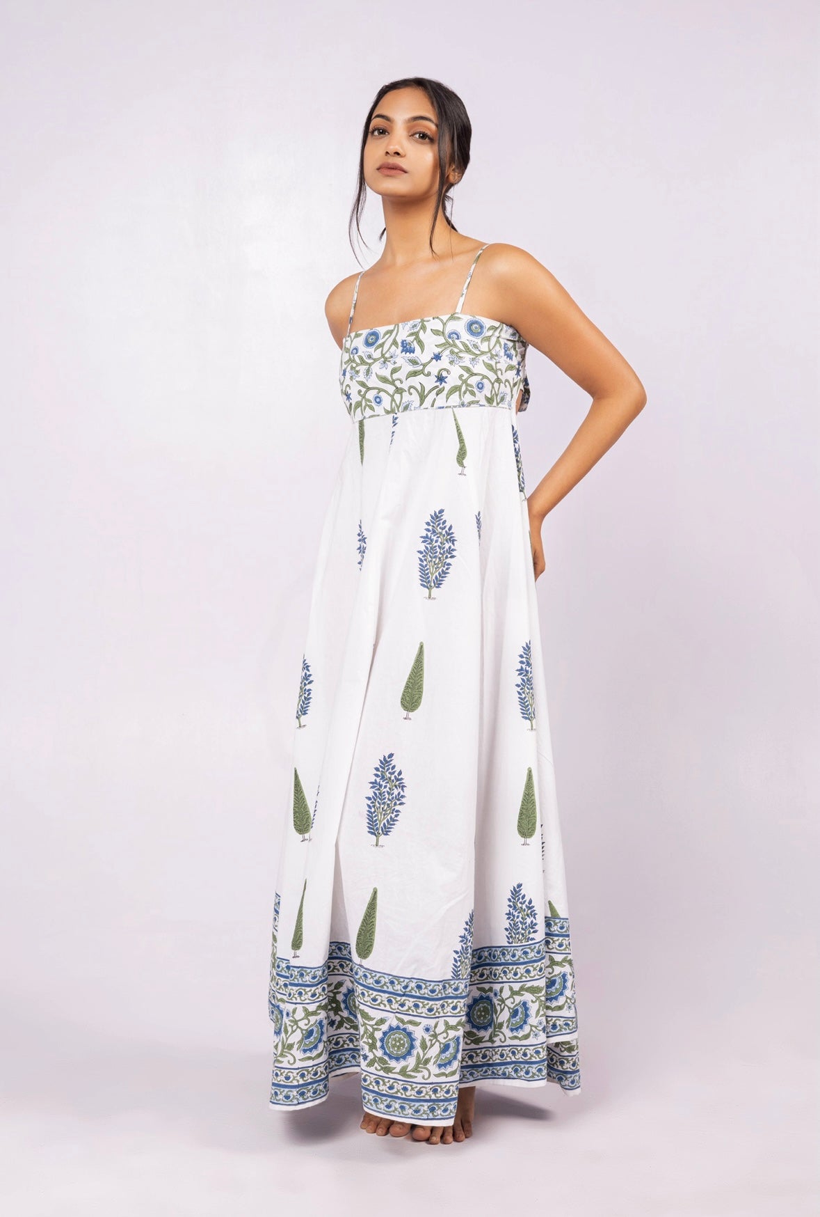 Indian hand block-printed maxi dress with square neckline, thin adjustable shoulder straps and tie-back