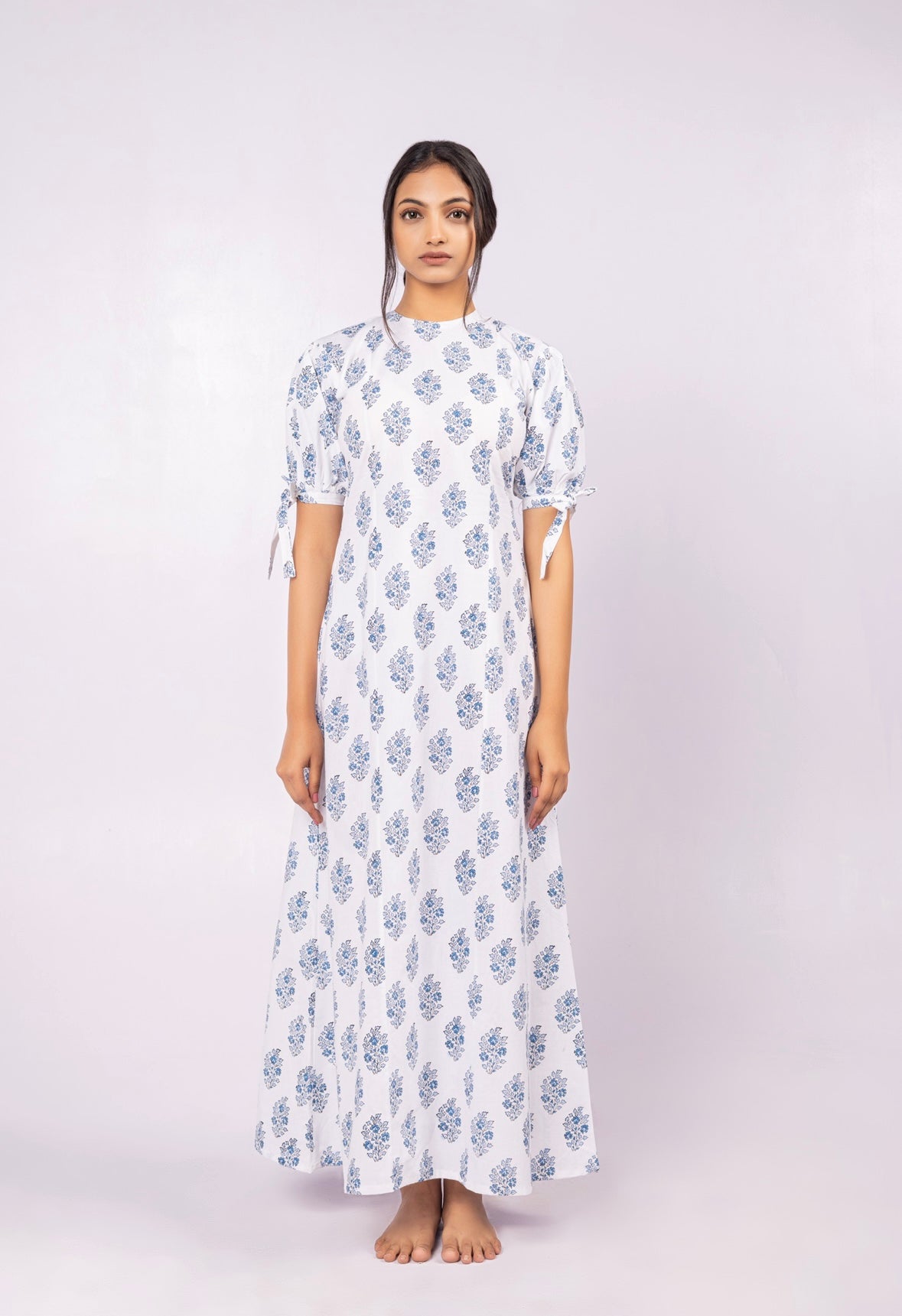 Blue and white Indian hand-block printed maxi dress. 